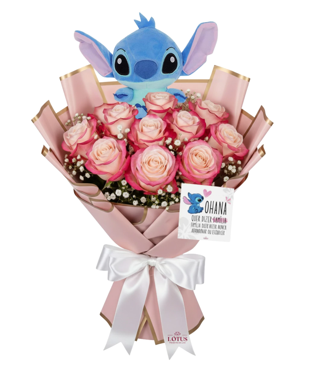 Buquê Ohana 10 Rosas (Escolha A Cor) + Pelúcia Stitch + Cartão - Imagem 3