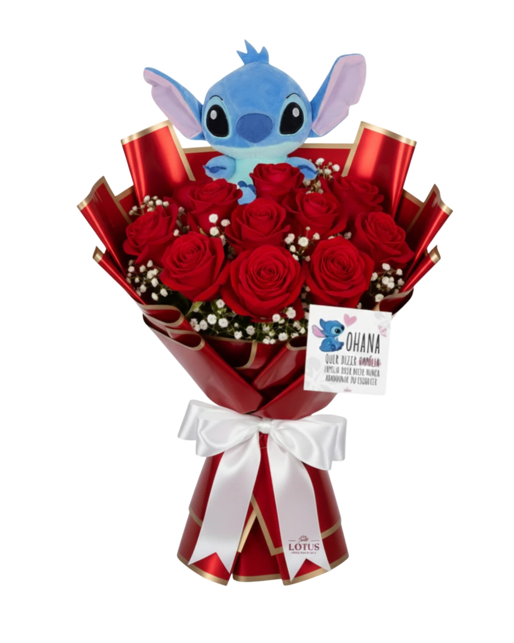 Buquê Ohana 10 Rosas (Escolha A Cor) + Pelúcia Stitch + Cartão - Imagem 2