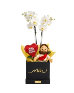 Orquídea Branca Premium + Pelúcia de Jesus + Balão Vermelho - Dia das Mães